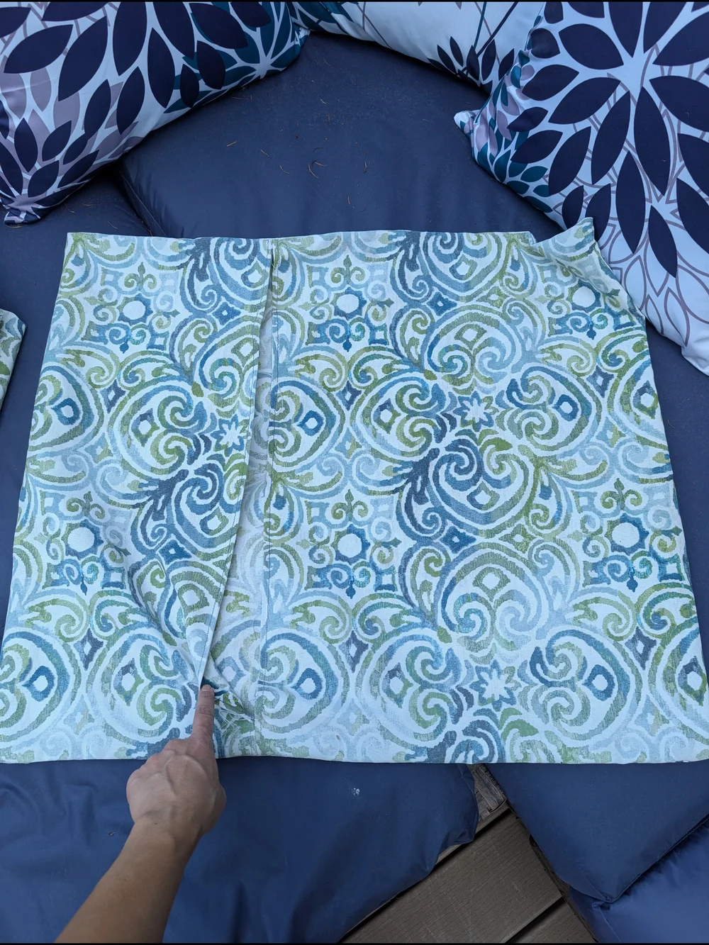 Set Of 6 Outdoor Blue and Green Swirl Accent Pillow Covers. COVERS ONLY.